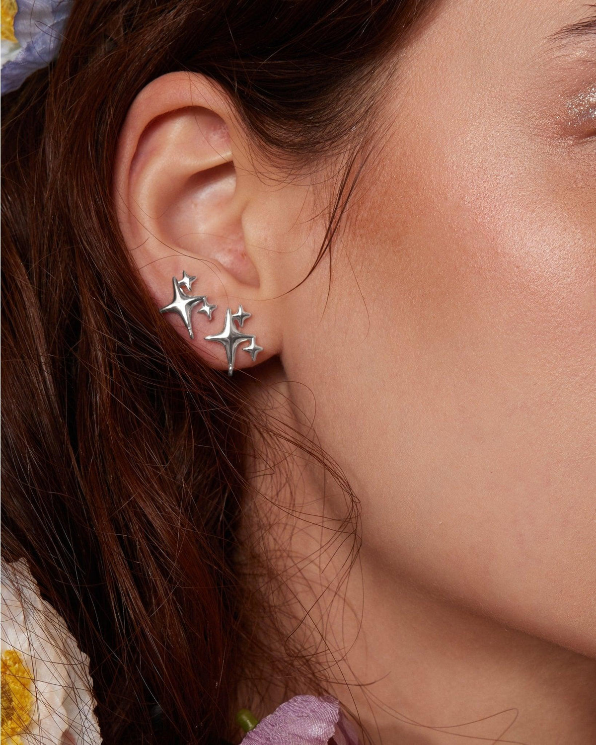 Sparkle Star Stud Earrings, Silver-Tone