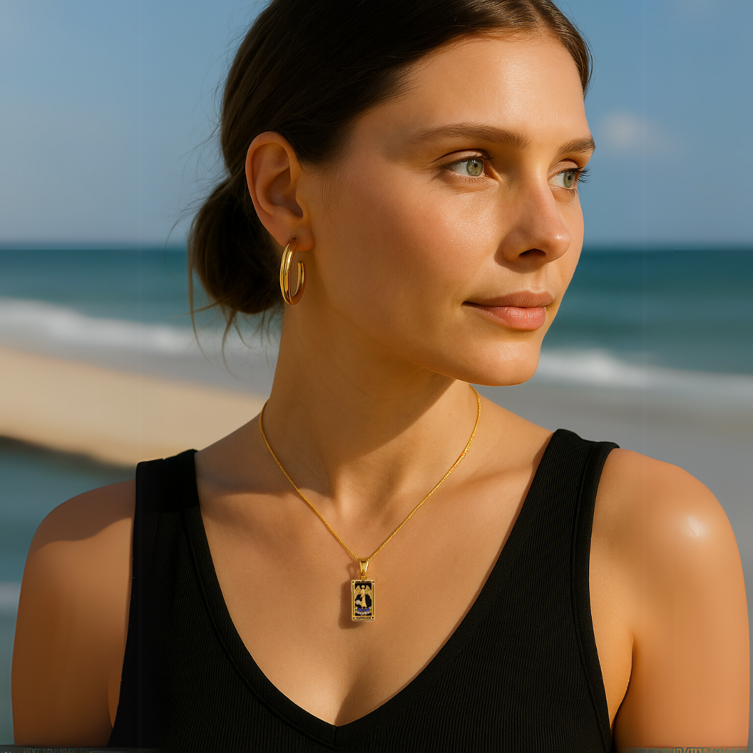 Temperance Tarot Card Necklace, Gold-Tone with Black Enamel &amp; Crystal-Style Accents