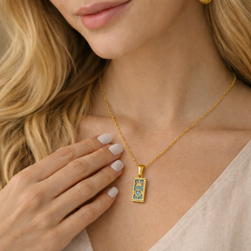 The Empress Tarot Card Necklace, Gold-Tone with Blue Enamel