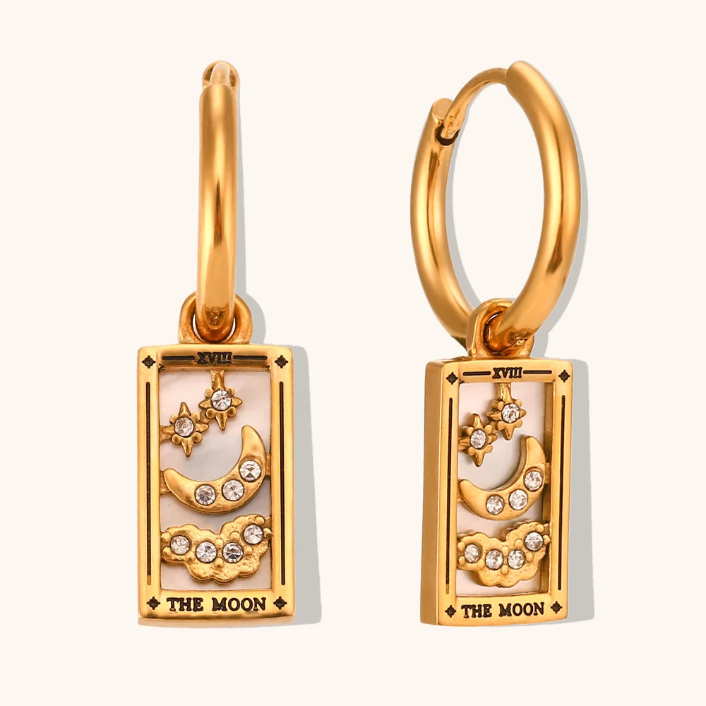 The Moon Tarot Card Hoop Earrings, Gold-Tone, Crystal-Style Accents