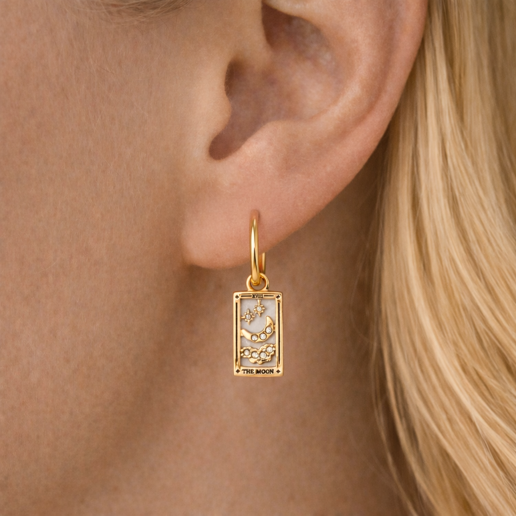 The Moon Tarot Card Hoop Earrings, Gold-Tone, Crystal-Style Accents