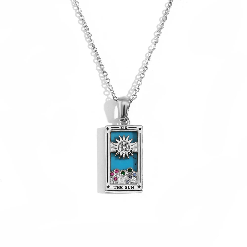 The Sun Tarot Card Necklace with Blue Enamel, Silver-Tone