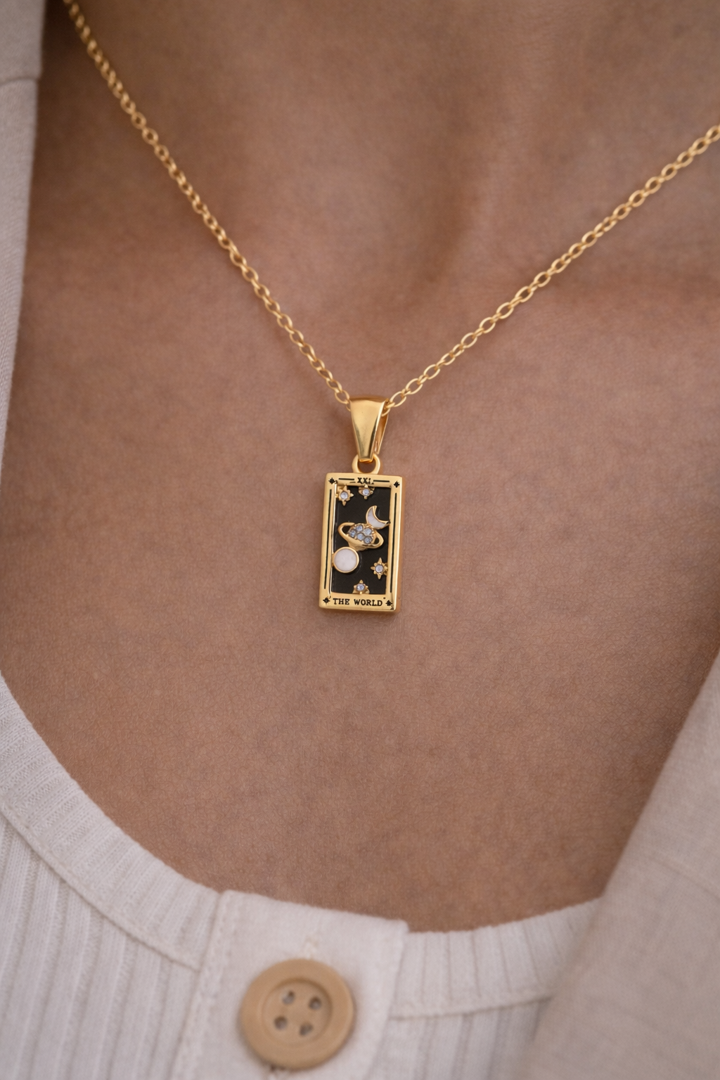 The World Tarot Card Necklace in Gold-Tone with Black Enamel