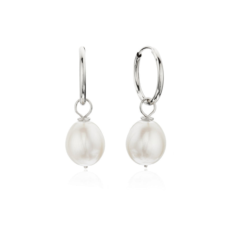 Silver Large Pearl Drop Hoop Earrings