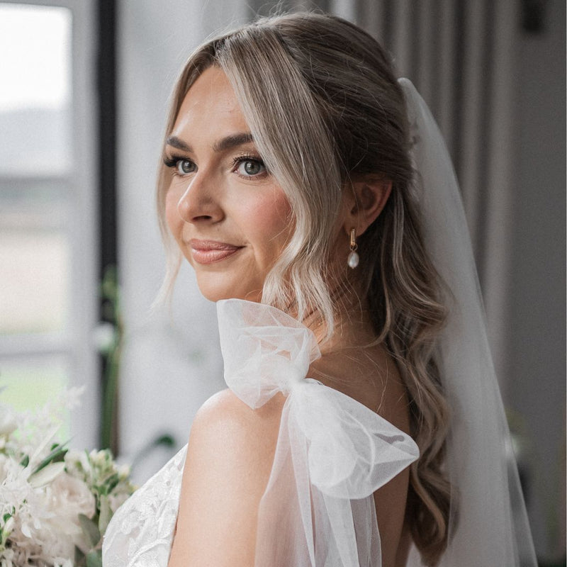 Gold Thick Squared Hoop Pearl Drop Earrings