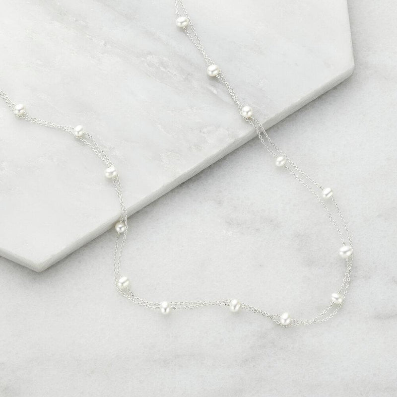 Solid White Gold Layered Pearl Necklace