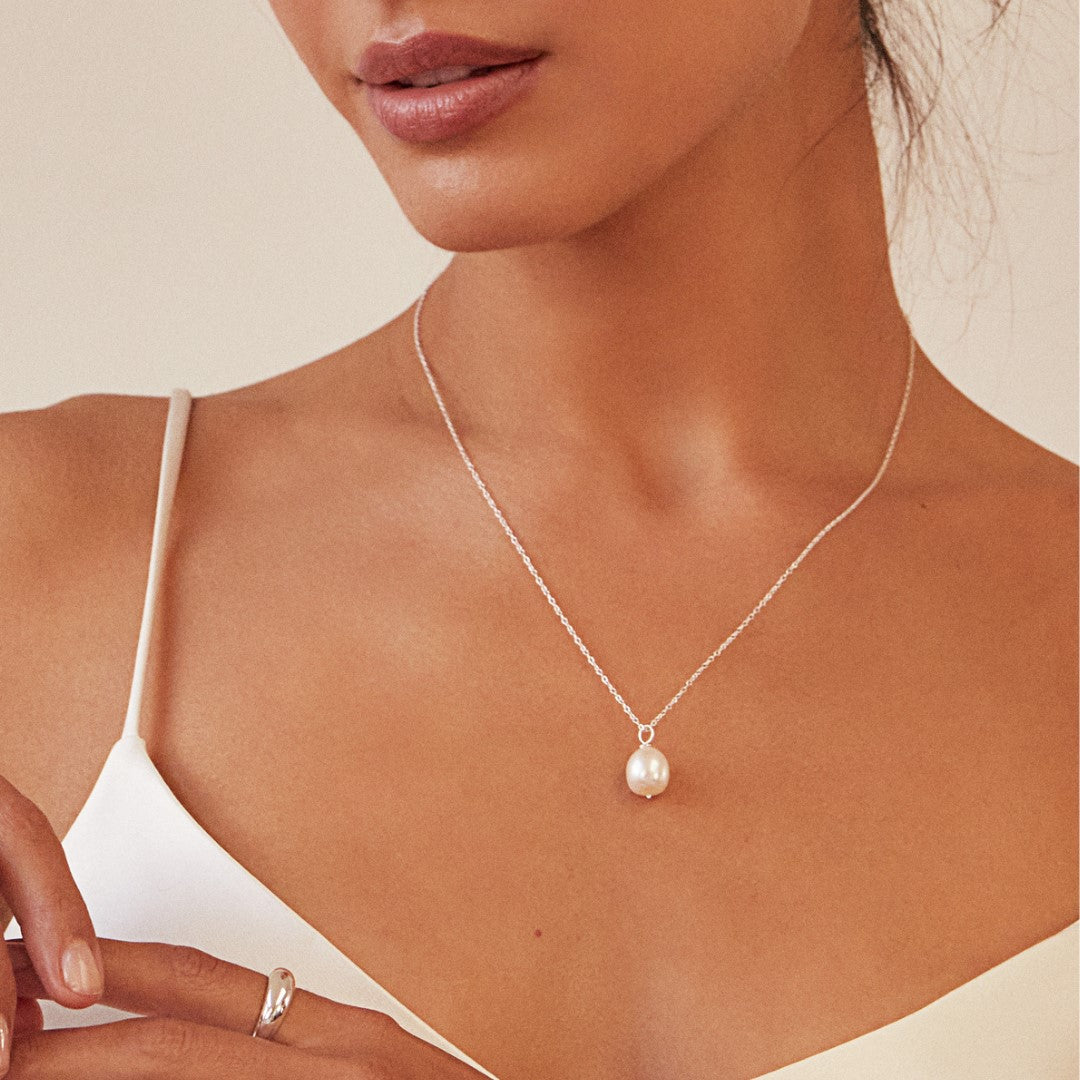 Silver-Tone Pearl-Style Drop Huggie Earrings and Large Pearl-Style Necklace Set