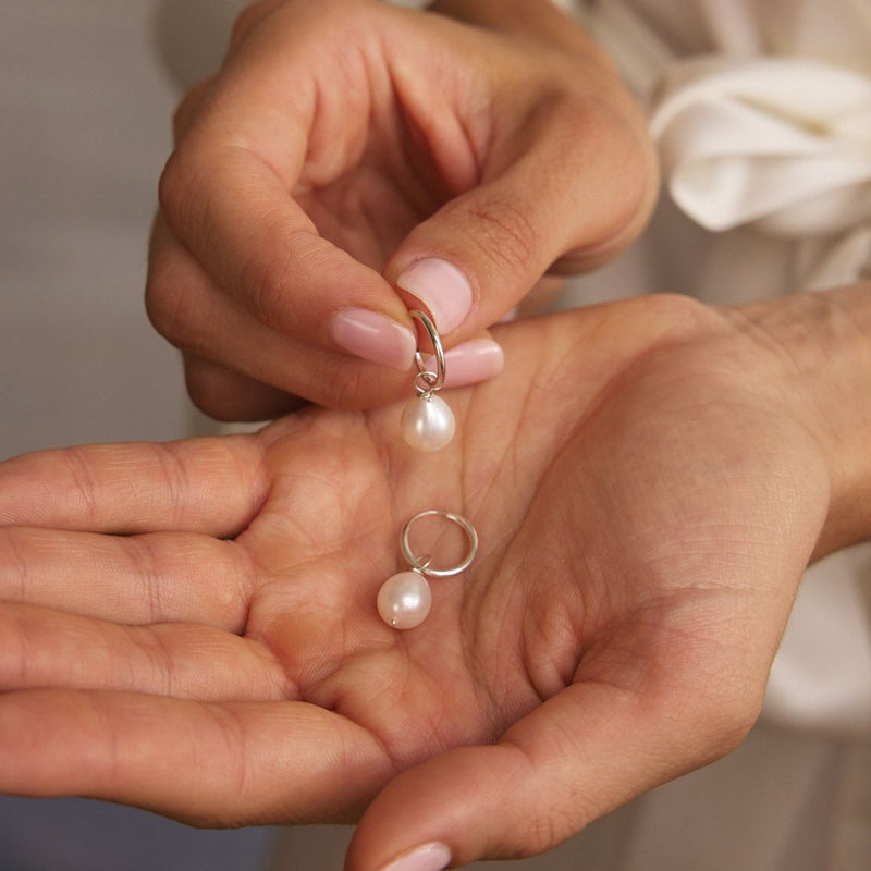 Silver Large Pearl Drop Hoop Earrings
