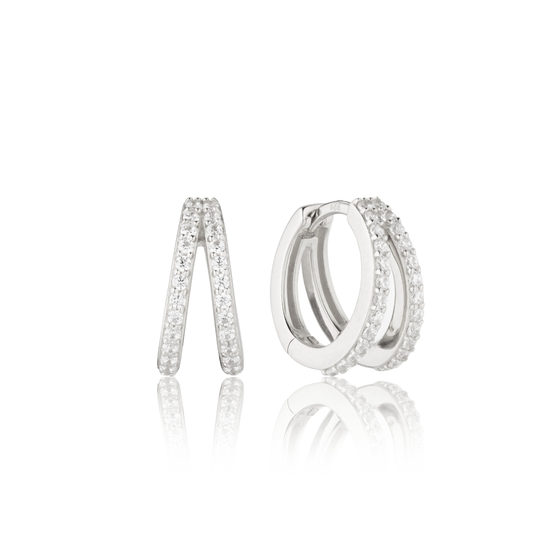 Silver-Tone Double Crystal-Style Huggie Hoop Earrings