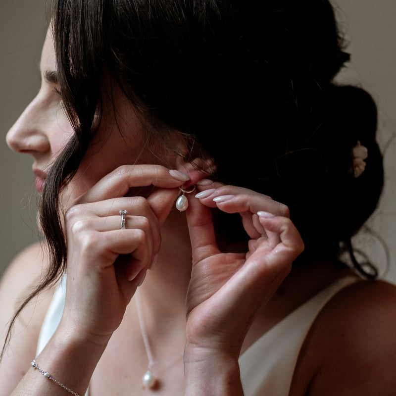 Silver Large Pearl Drop Hoop Earrings