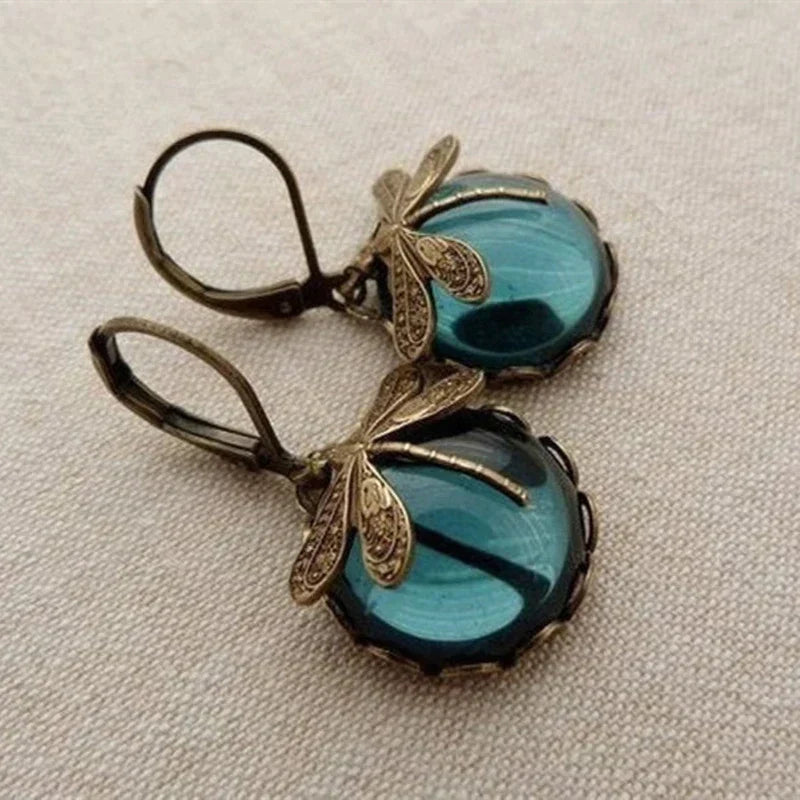 Vintage Dragonfly Drop Earrings with Blue Crystal-Style Accents in Antique Gold-Tone