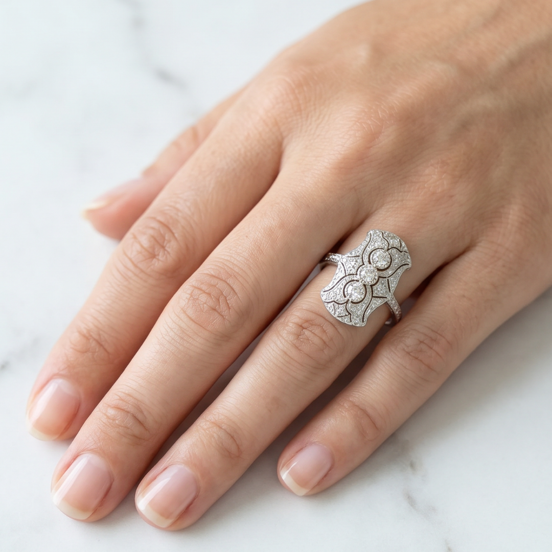 Vintage Art Deco Crystal-Style Statement Ring, Silver-Tone Filigree Cocktail Ring