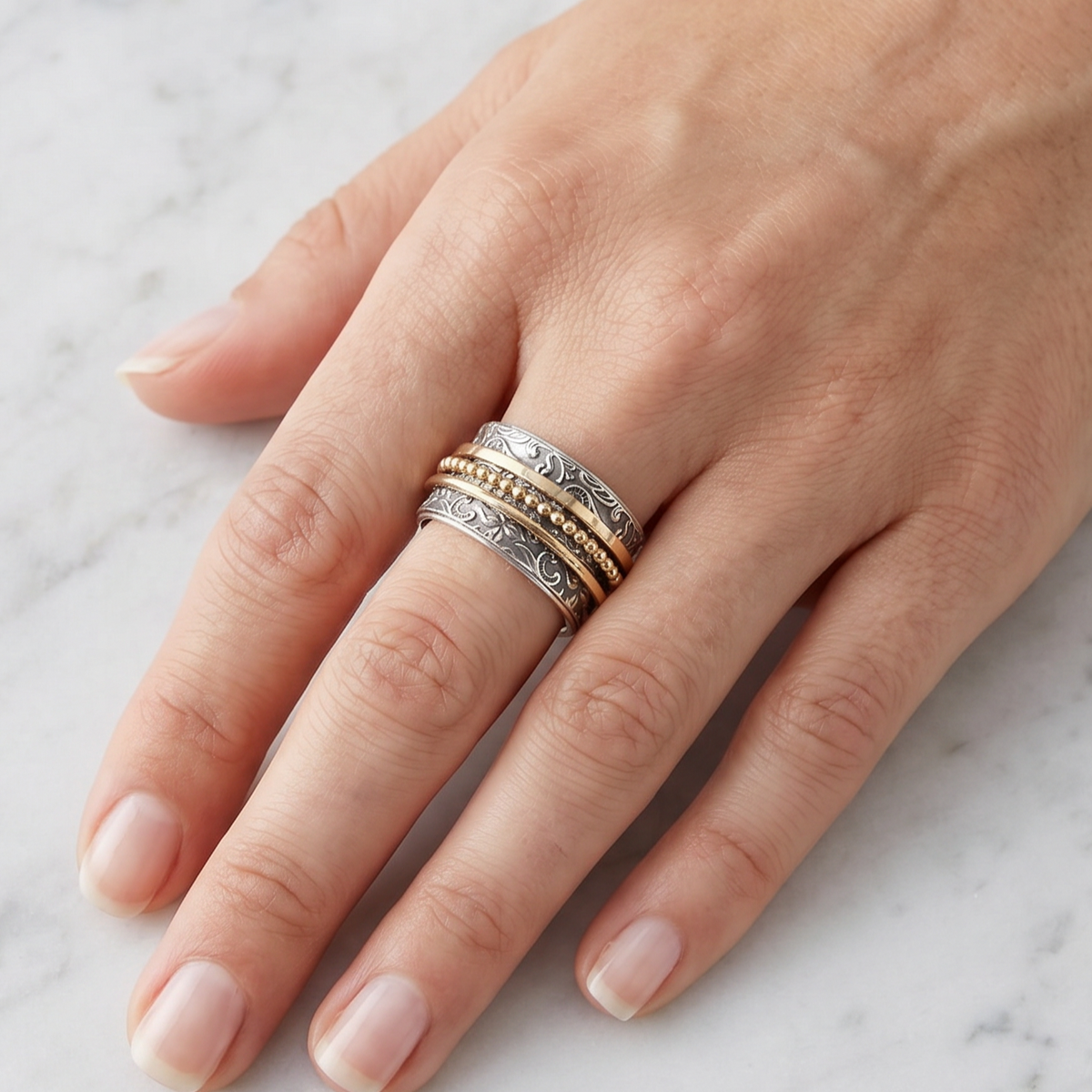 Vintage Baroque Spinner Ring, Silver-Tone & Gold-Tone Stacking Band