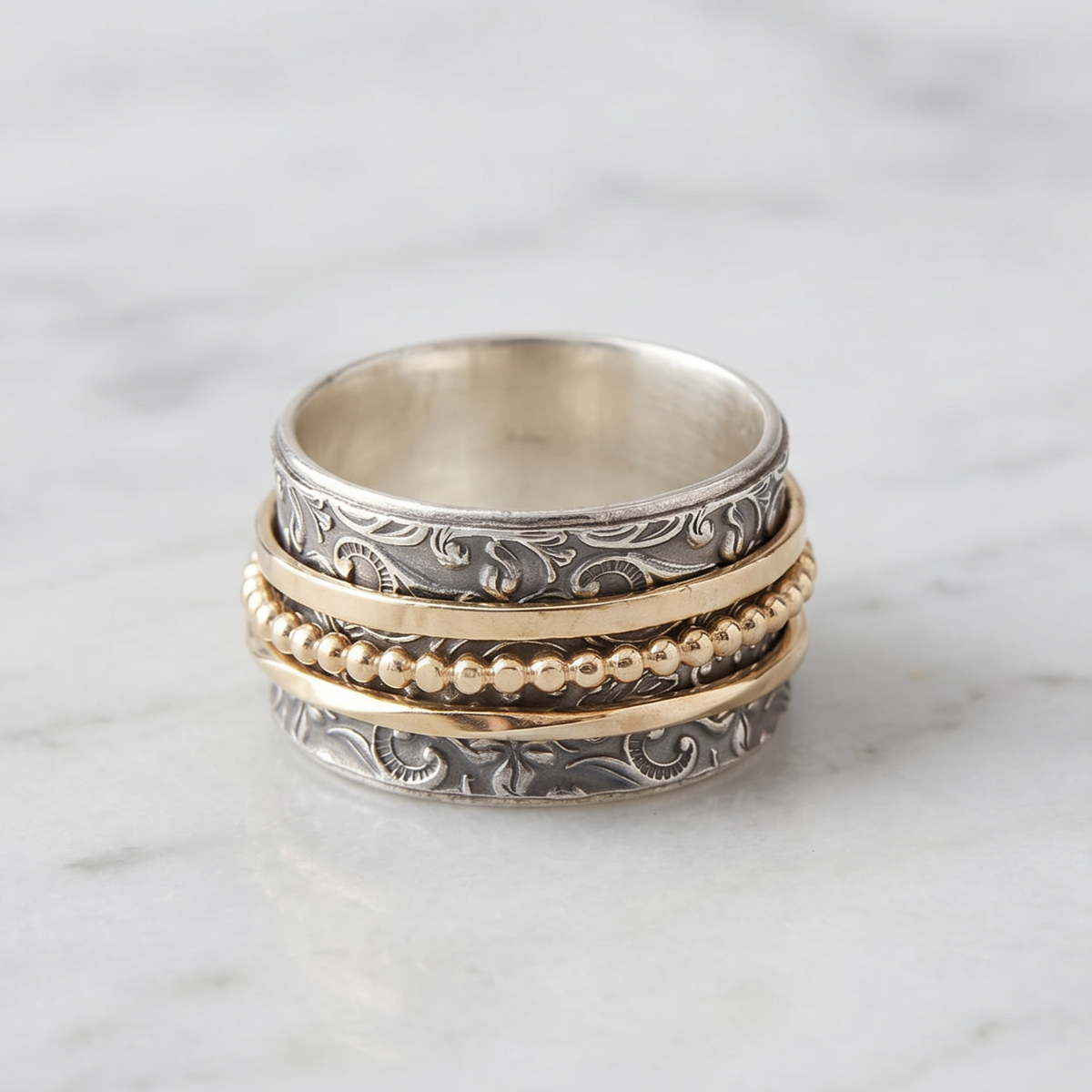 Vintage Baroque Spinner Ring, Silver-Tone & Gold-Tone Stacking Band