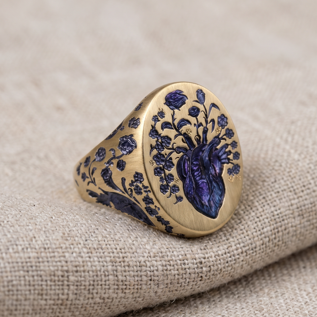 Vintage Blue Blossom Signet Ring with Gold-Tone Finish