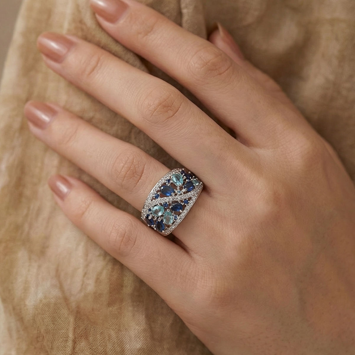Vintage Blue Crystal-Style Statement Ring, Silver-Tone Multi-Stone Cocktail Band