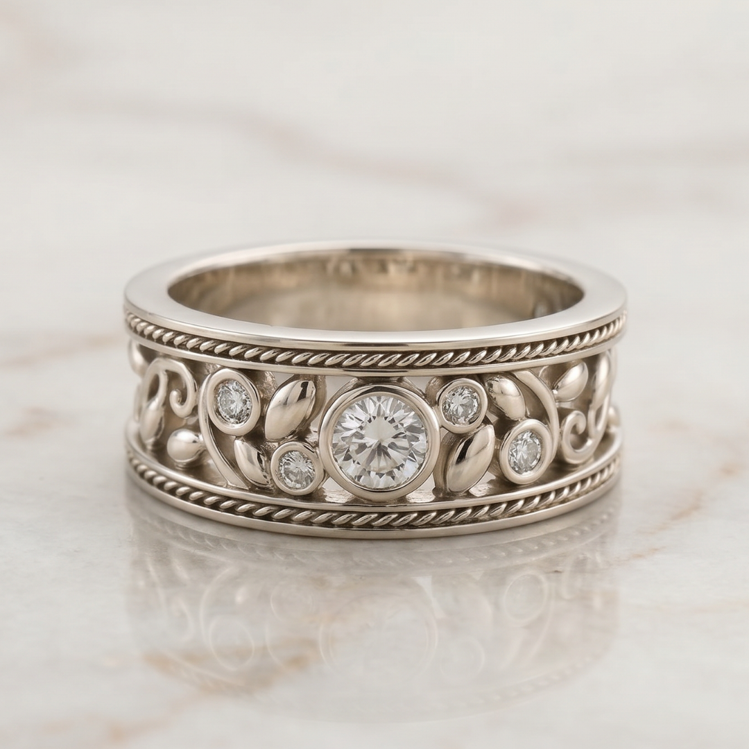 Vintage Crystal-Style Filigree Band Ring in Silver-Tone