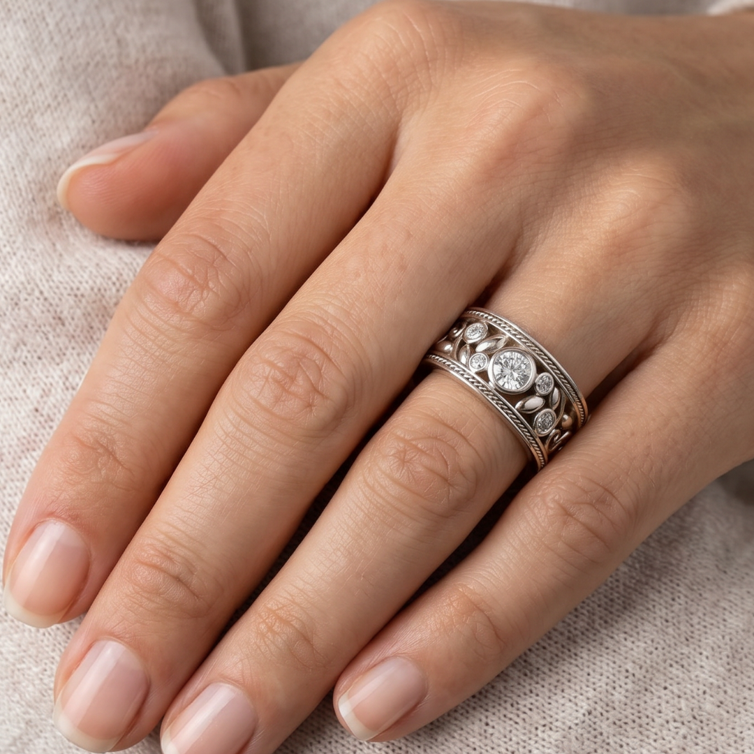 Vintage Crystal-Style Filigree Band Ring in Silver-Tone