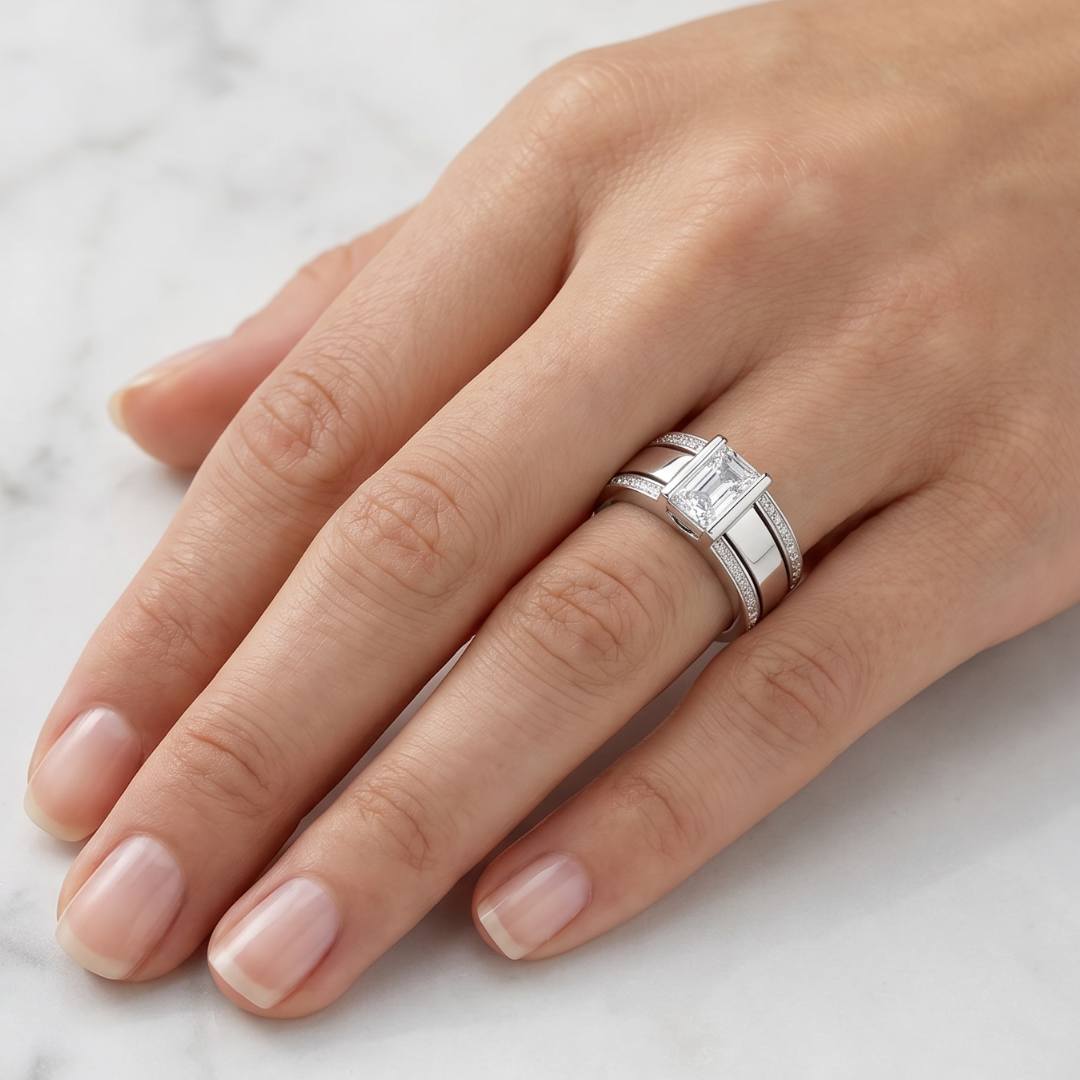 Vintage Emerald-Cut Crystal-Style Inlay Ring Set, Silver-Tone Statement Ring
