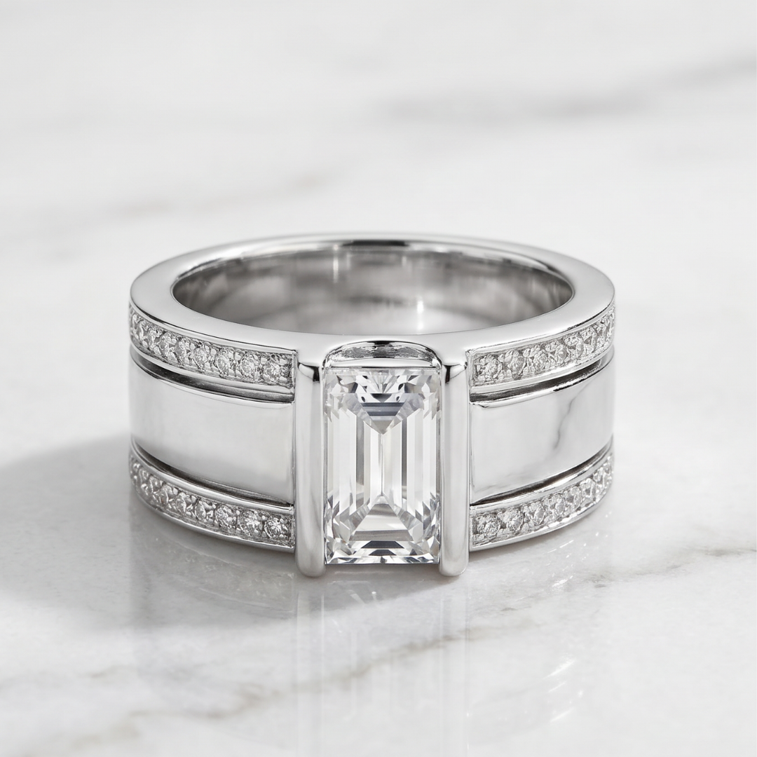Vintage Emerald-Cut Crystal-Style Inlay Ring Set, Silver-Tone Statement Ring
