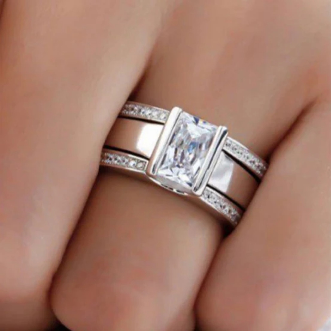 Vintage Emerald-Cut Crystal-Style Inlay Ring Set, Silver-Tone Statement Ring