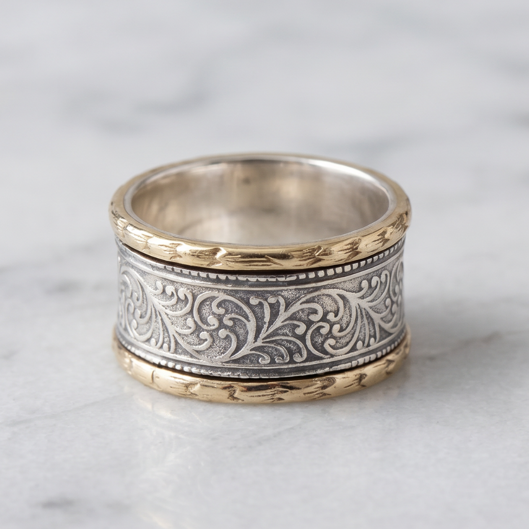 Vintage Engraved Two-Tone Spinner Band Ring
