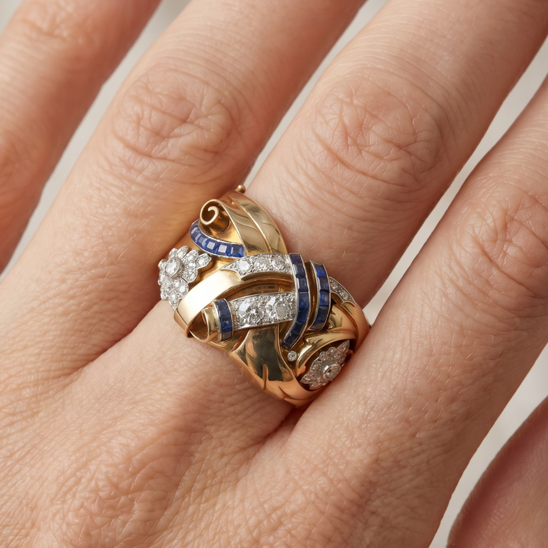 Vintage Blue Crystal-Style Statement Ring in Silver-Tone