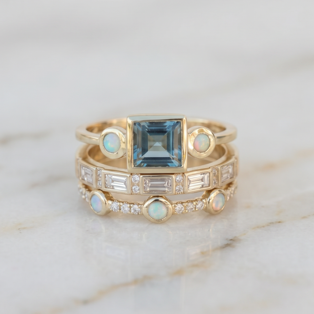 Vintage Gold-Tone Blue Crystal-Style & Opal-Style Ring Set