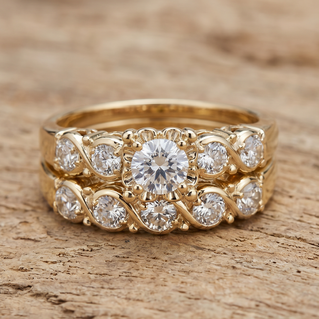 Vintage Gold-Tone Crystal-Style Floral Halo Ring Set
