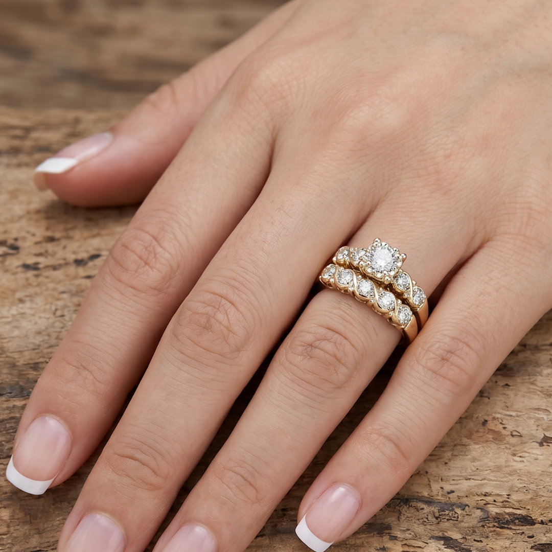 Vintage Gold-Tone Crystal-Style Floral Halo Ring Set