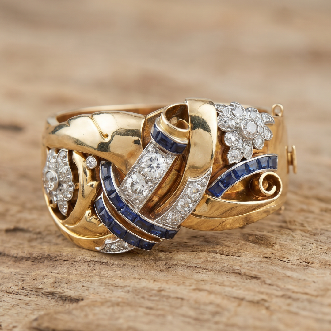 Vintage Gold-Tone Crystal-Style Floral Statement Ring with Blue Crystal Accents