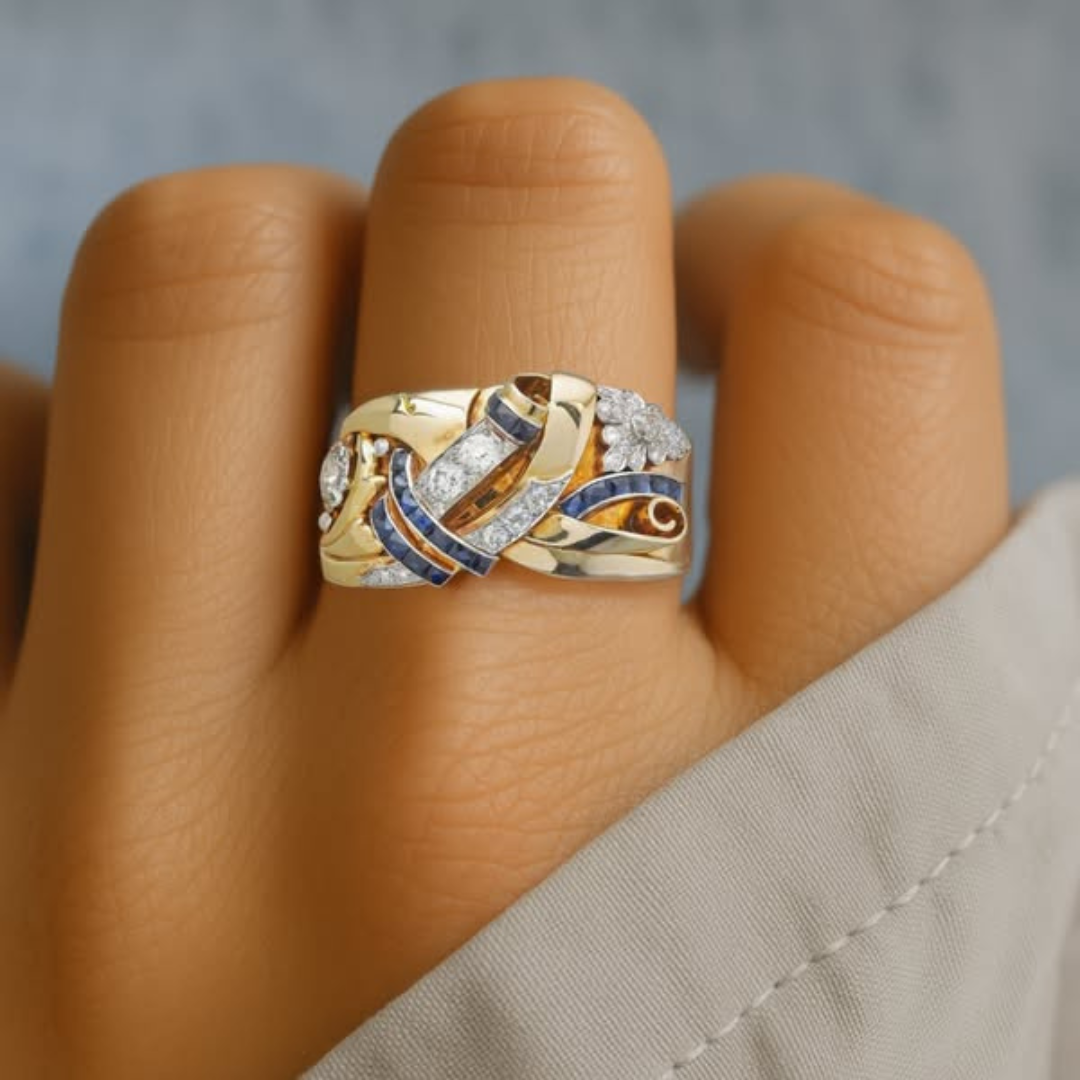 Vintage Gold-Tone Crystal-Style Floral Statement Ring with Blue Crystal Accents