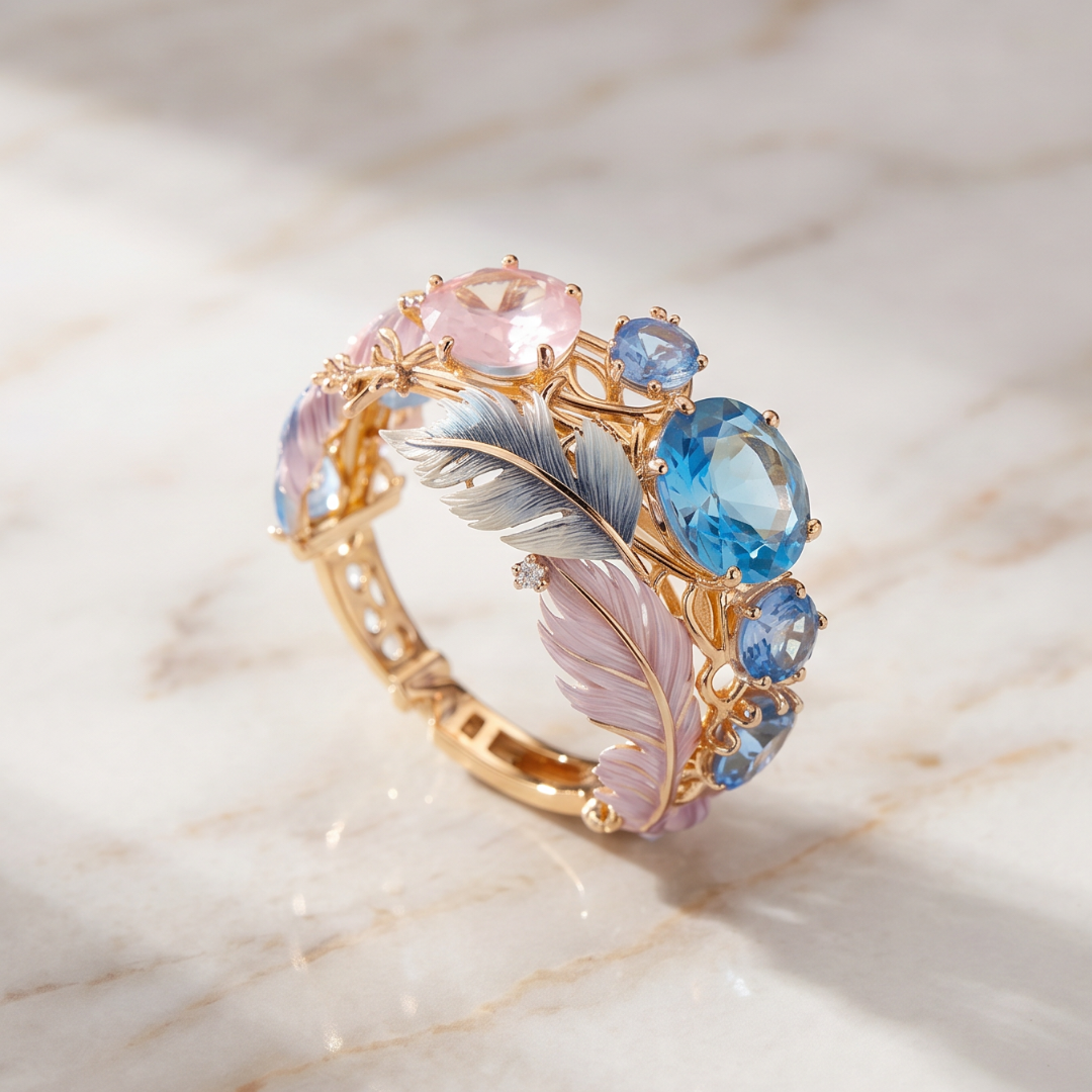 Vintage Gold-Tone Feather Ring with Blue & Pink Crystal-Style Accents