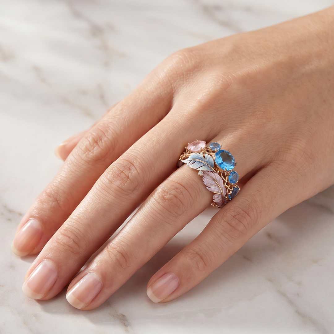 Vintage Gold-Tone Feather Ring with Blue & Pink Crystal-Style Accents