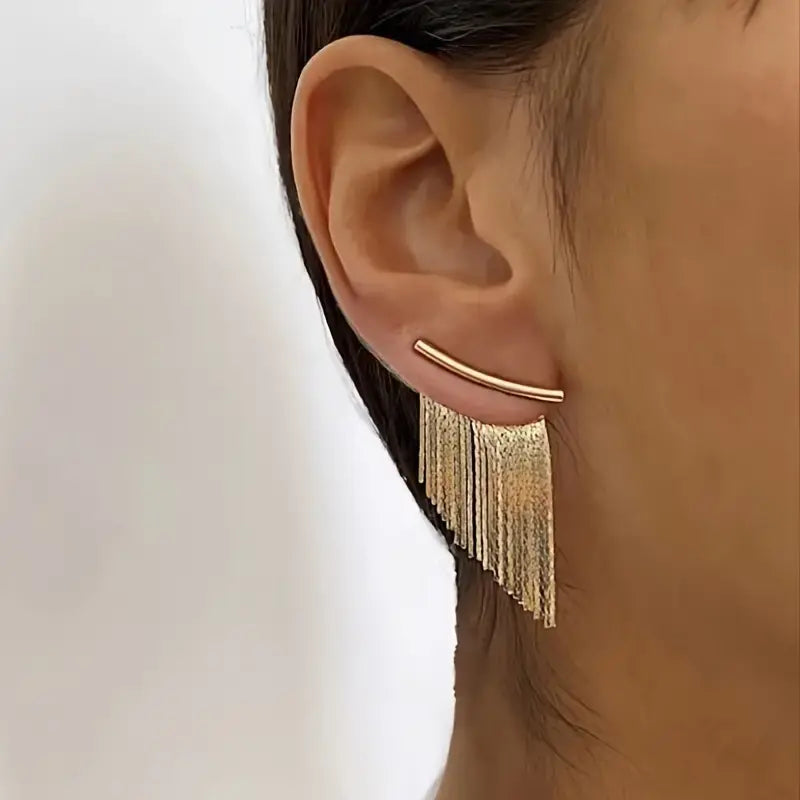 Vintage Gold-Tone Fringe Drop Earrings Minimalist Statement Style