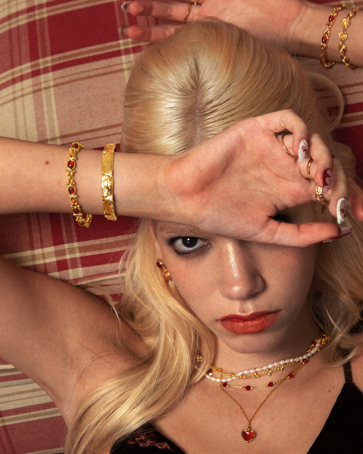 Vintage Link Bracelet with Red Natural Stone-Style Accents in Gold-Tone