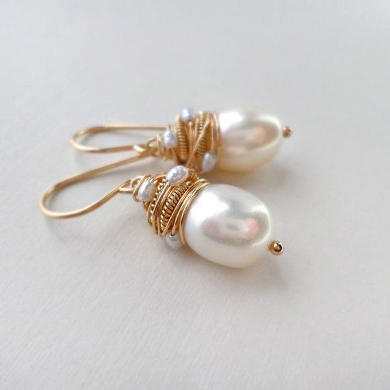 Vintage Gold-Tone Pearl-Style Drop Earrings with Wrapped Wire Detail