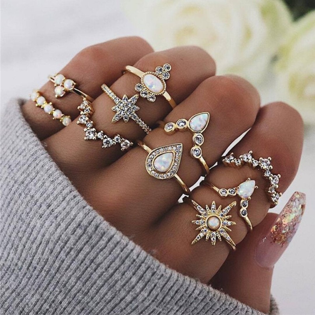 Vintage Stackable Ring Set with Opal-Style &amp; Crystal-Style Accents in Gold-Tone