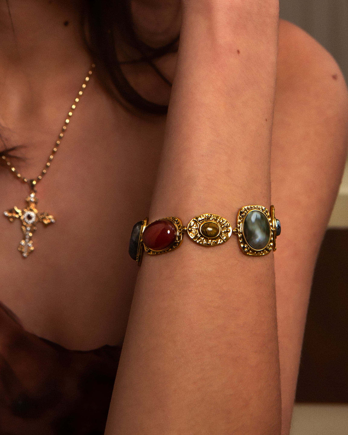 Vintage Statement Bracelet with Multicolor Natural Stone-Style Accents in Gold-Tone