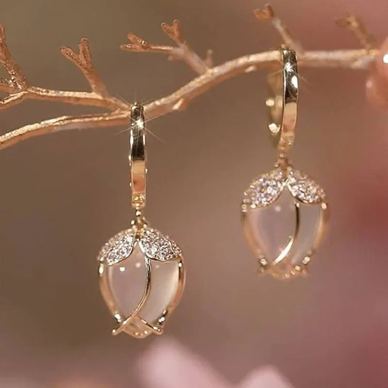 Vintage Gold-Tone Tulip Drop Earrings with Crystal-Style Accents