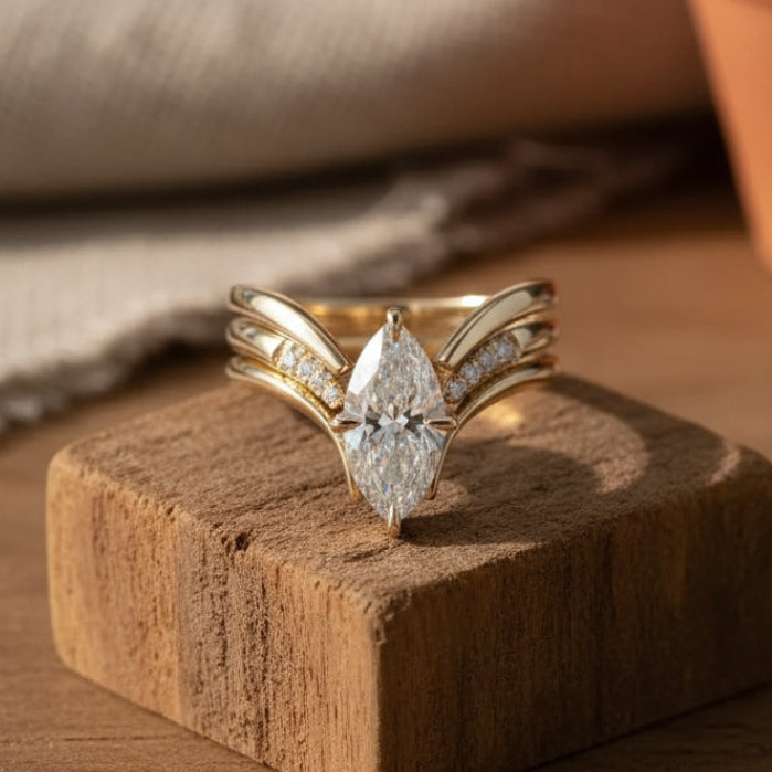 Vintage Marquise Crystal-Style Crown Ring with Gold-Tone Finish