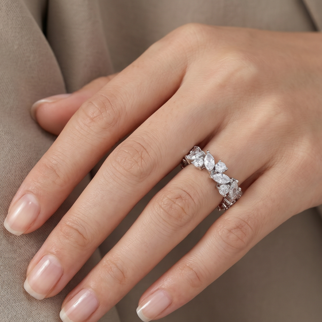 Vintage Marquise & Round Crystal-Style Eternity Ring in Silver-Tone