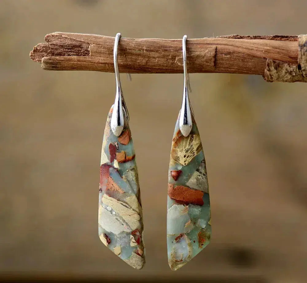 Vintage Natural Stone Drop Earrings in Silver-Tone Bohemian Style