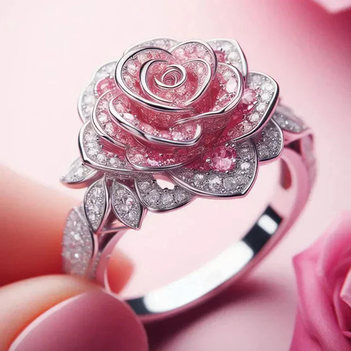 Vintage Silver-Tone Pink Floral Crystal-Style Statement Ring