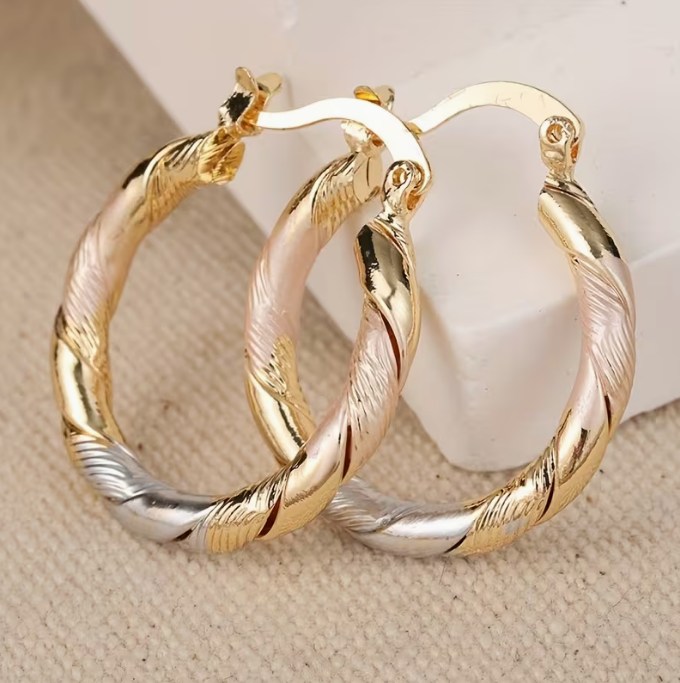 Vintage Tri-Color Twisted Hoop Earrings in Gold-Tone and Silver-Tone Finish