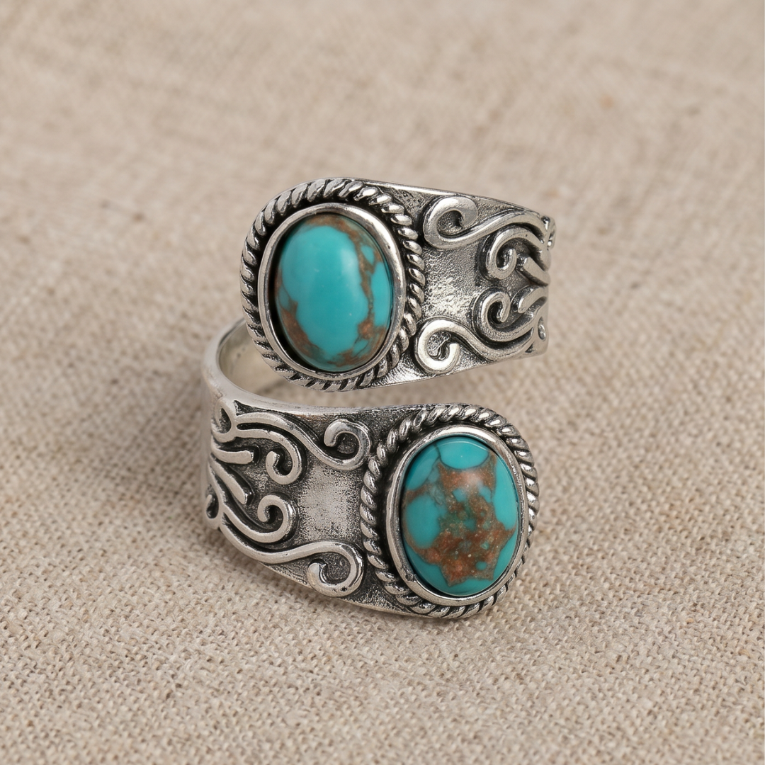 Vintage Turquoise-Style Open Band Silver-Tone Statement Ring