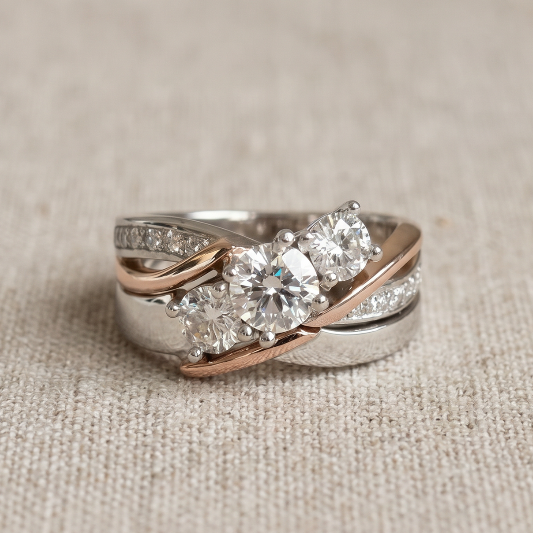 Vintage Two-Tone Crystal-Style Three-Stone Statement Ring