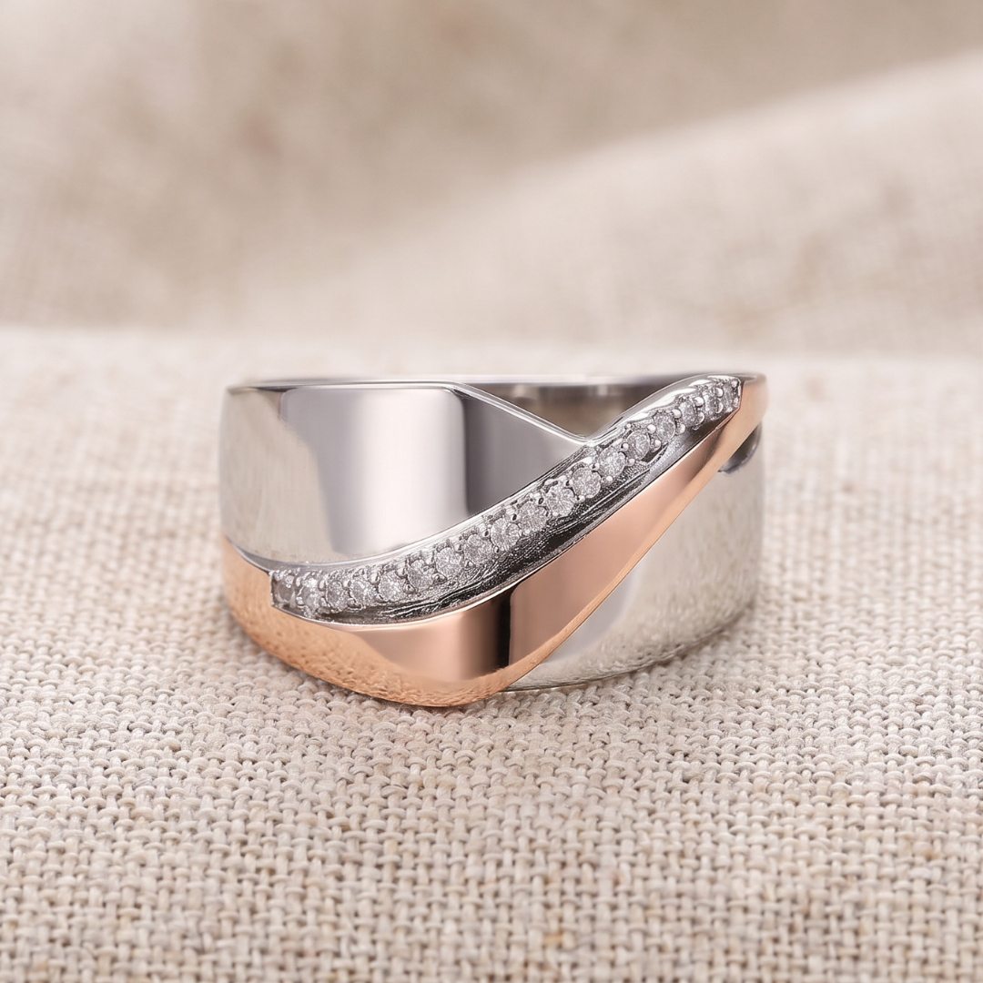Vintage Two-Tone Crystal-Style Wave Band Ring