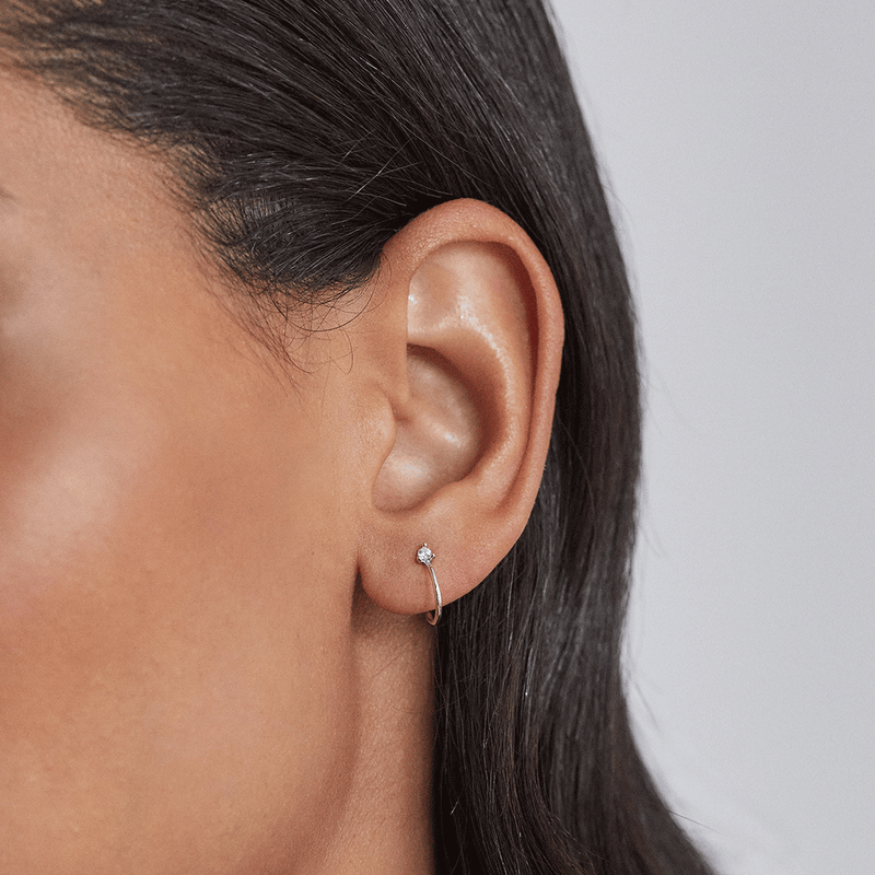 Silver Diamond Style Lobe Hoop Stud Earrings