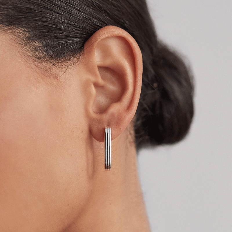 Silver Large Ribbed Pearl Drop Hoop Earrings